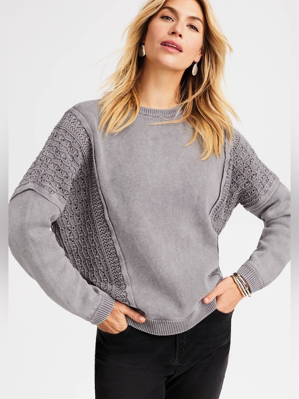 J.Jill Elements Stonewashed Textured Crochet Detail Crewneck Sweater Size Large